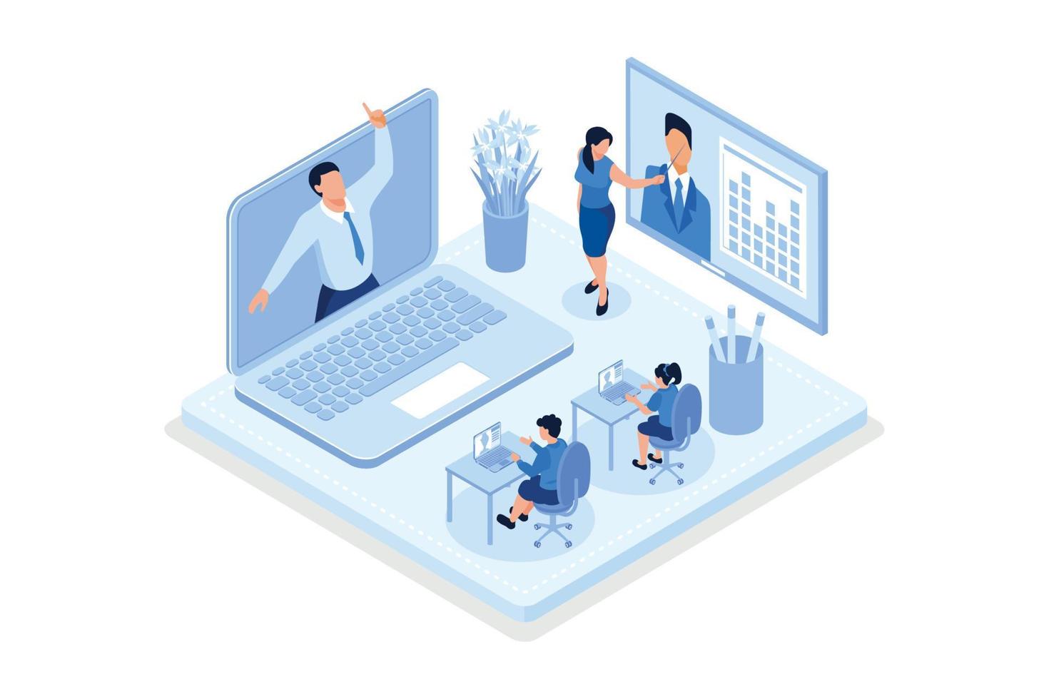 Students learning online at home. People characters having video call with teacher on laptop. Online education concept, isometric vector modern illustration
