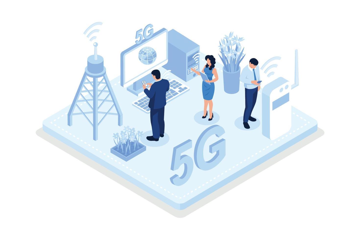 People Character Connecting Devices with New Generation 5g Technology Network. High-speed Mobile Internet and Internet of Things Concept, isometric vector modern illustration