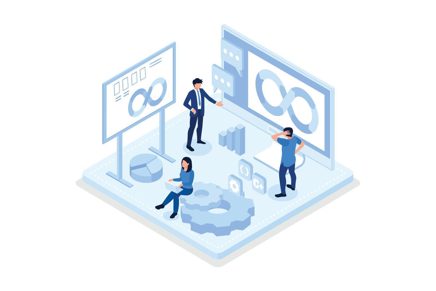 Devops en el concepto de trabajo. se puede usar para banner web, infografías, imágenes de héroes, ilustración moderna vectorial isométrica vector
