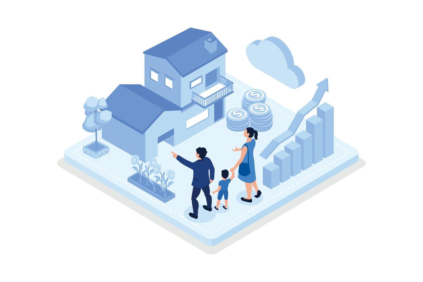 Family buying home with mortgage and paying credit to bank. People invest money in real estate property. House loan, rent and mortgage Concept, isometric vector modern illustration