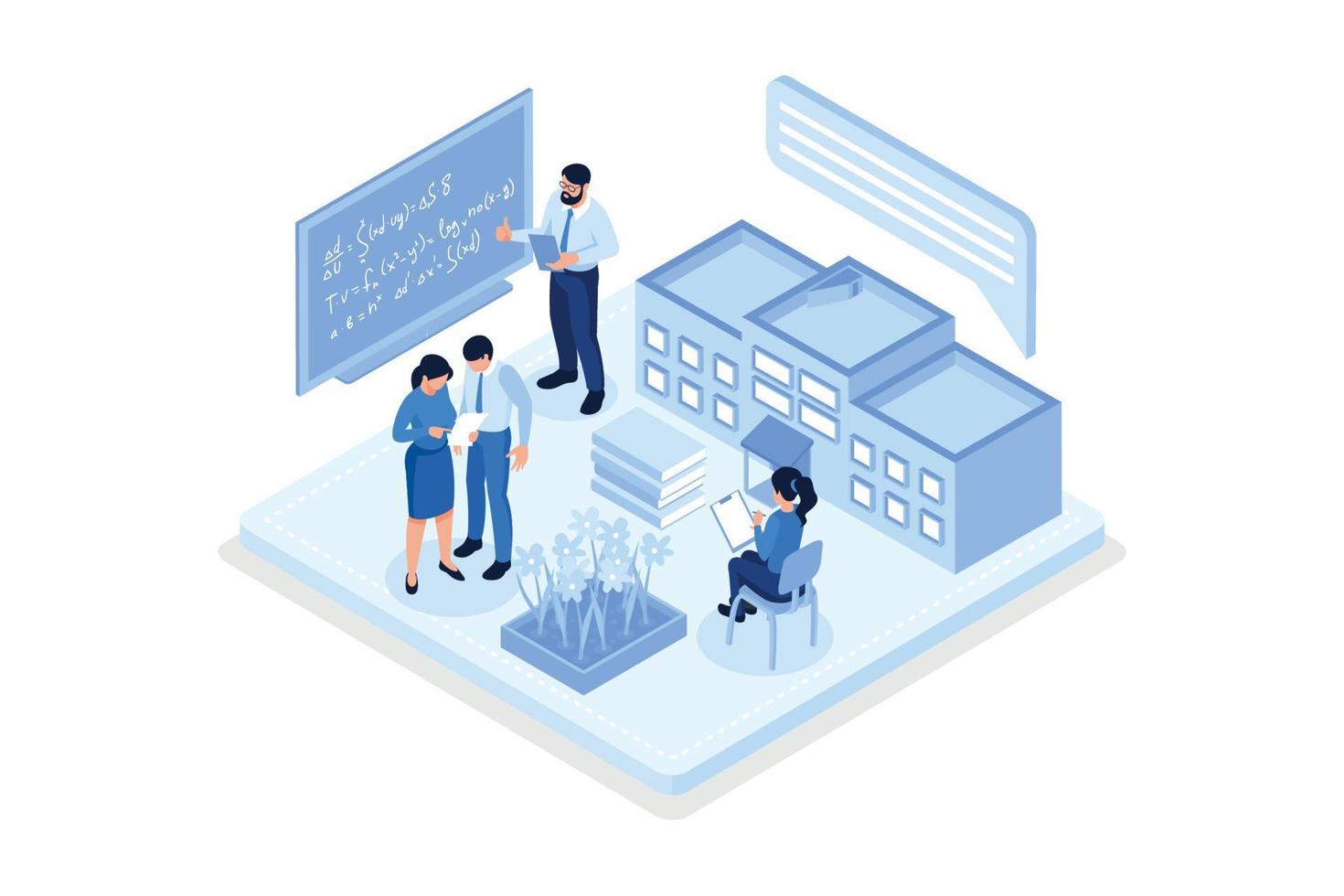 People characters developing software and sending data to cloud storage. Developers team programming and writing program code. Development process concept, isometric vector modern illustration