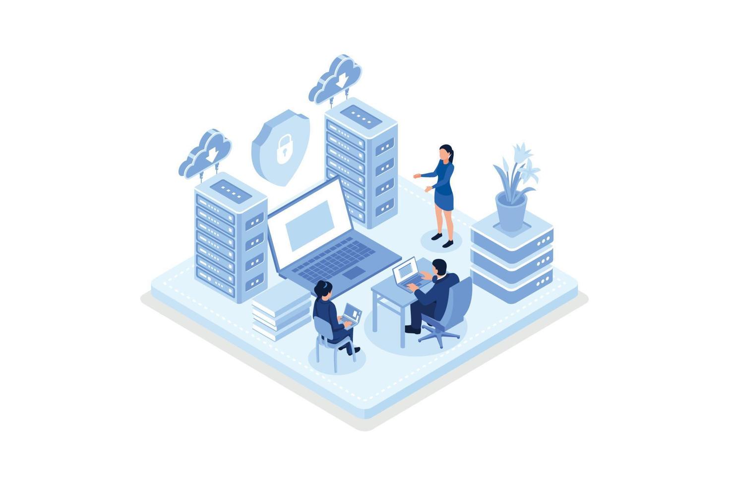 Character connecting to Data Center and using Cyber Security Services to Protect Personal Data. Secure Online Hosting Technology and Cloud Protection Concept, isometric vector modern illustration