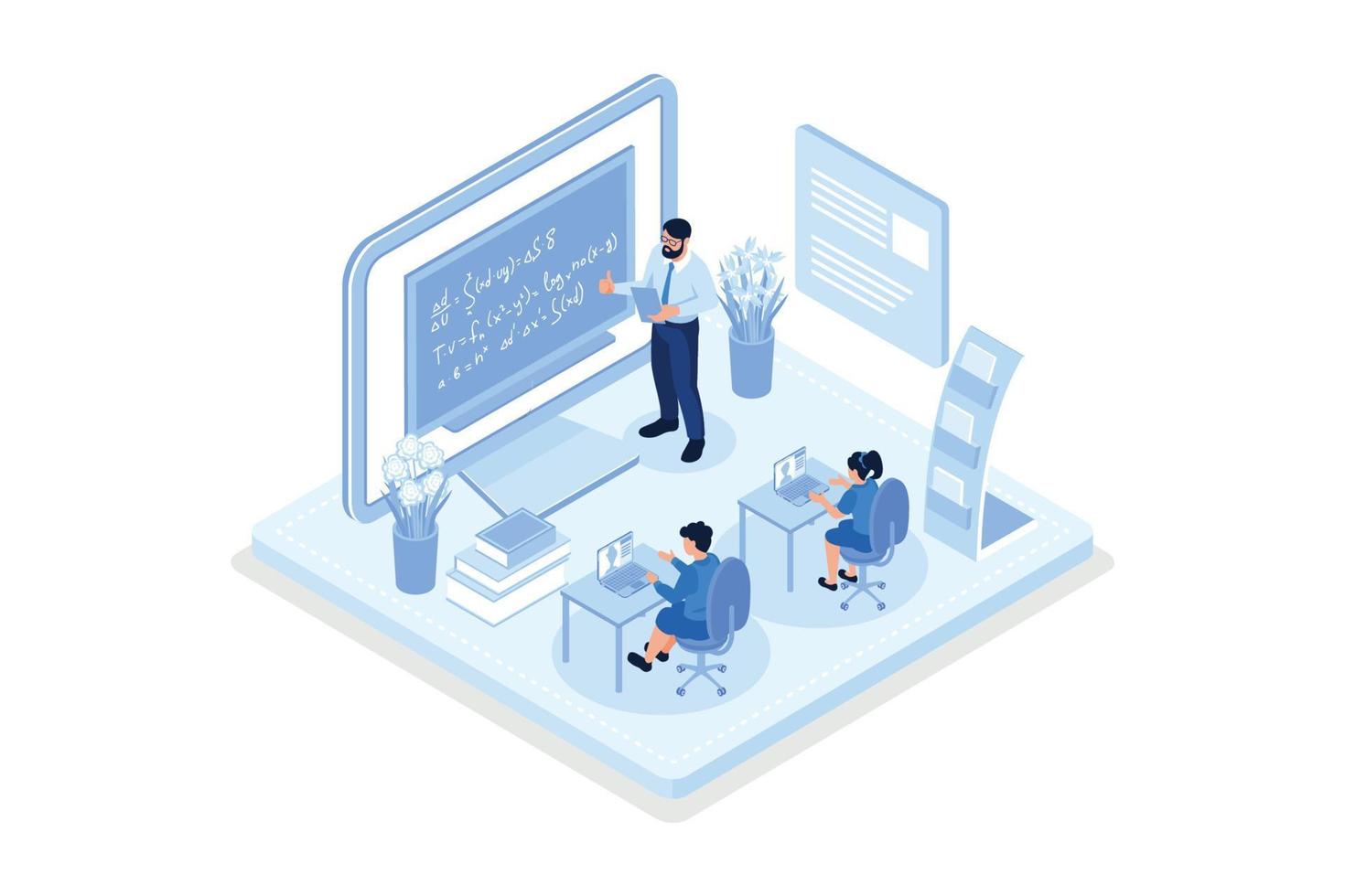Student Learning Online at Home. Character Sitting at Desk, Looking at Laptop and Studying with Exercise Books. Teacher Help him. Online Education Concept, isometric flat vector modern illustration