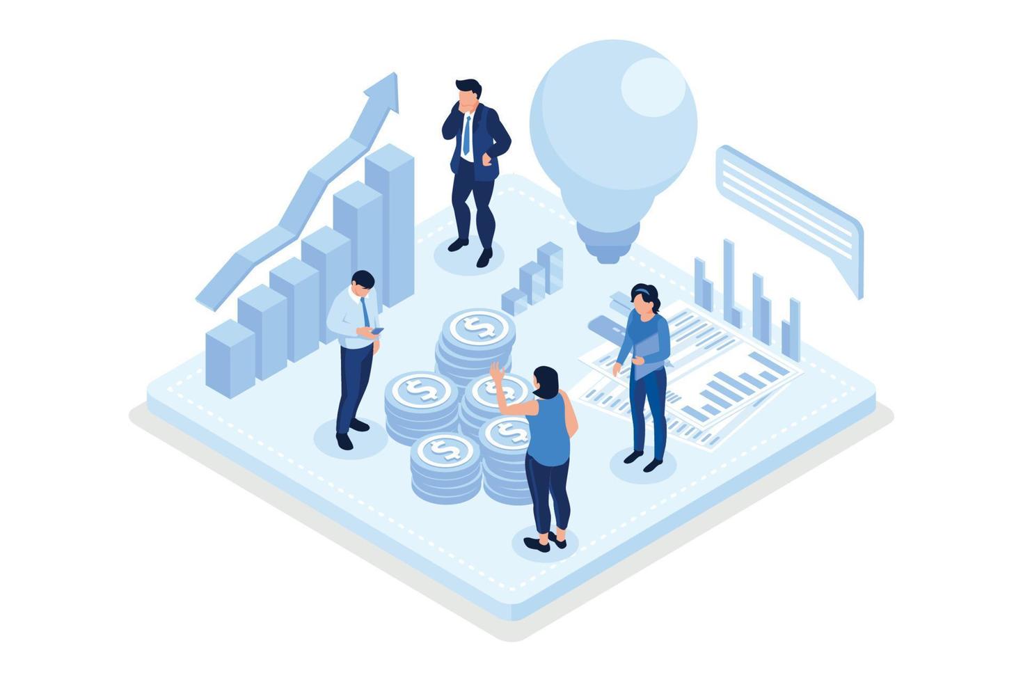 People Characters having new Finance Management Creative Ideas. They Standing near Light Bulb with Graphs, Charts and Diagrams. Financial Innovation Concept, isometric vector modern illustration