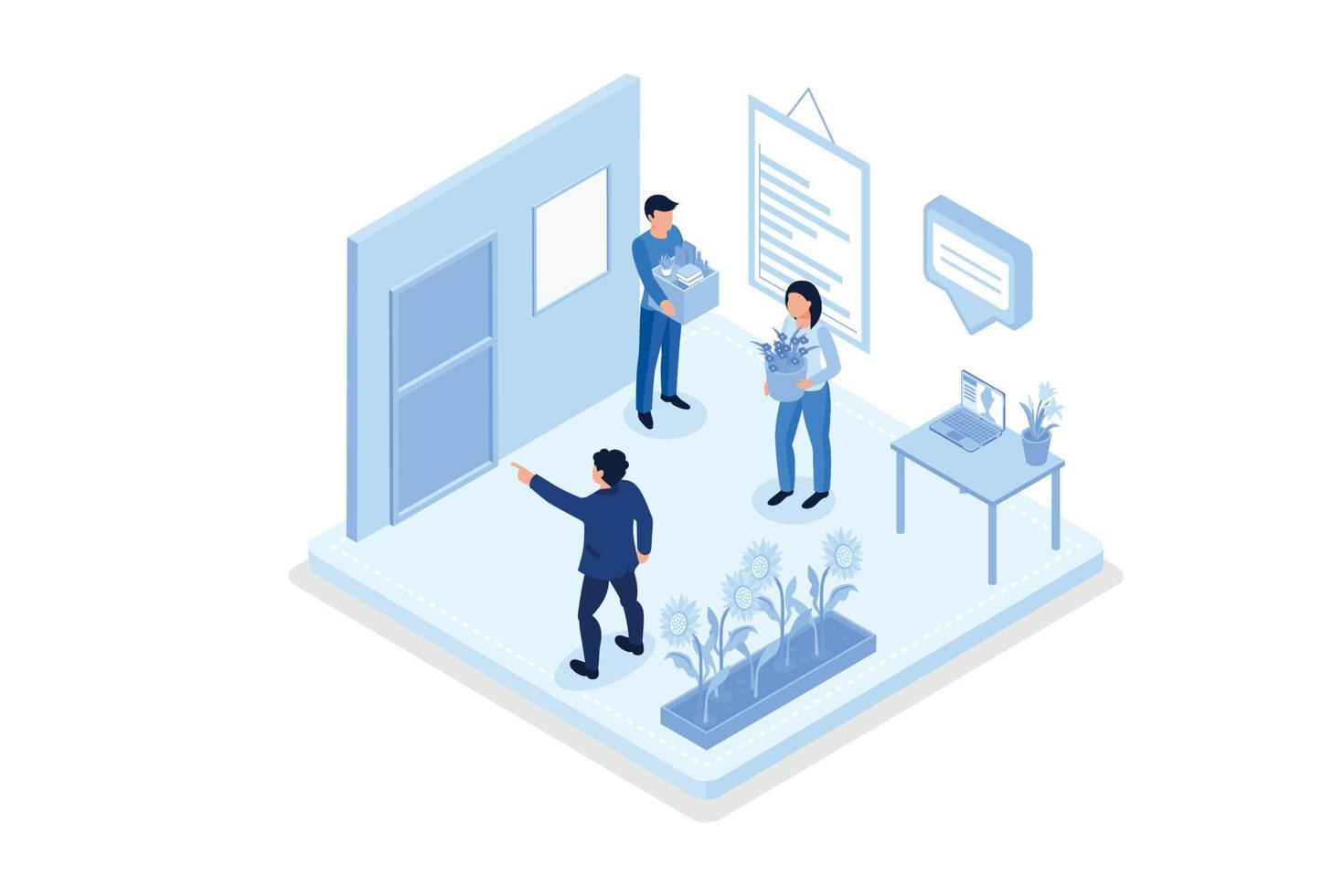 People character getting fired. Dismissed man carrying cartoon box with things and standing near the office door. Crisis and job firing concept, isometric vector modern illustration