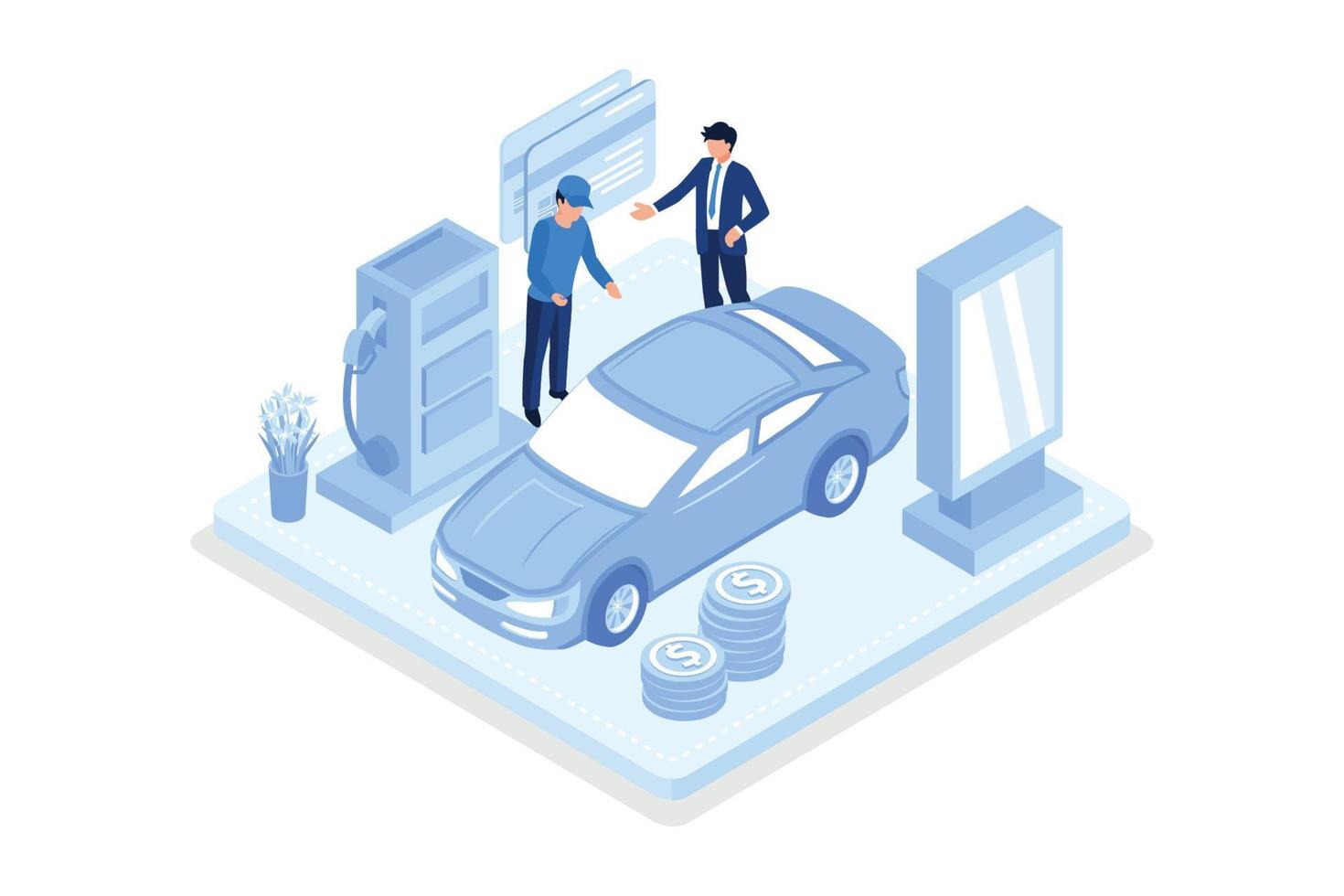 People character standing at gas station and fueling his car. Man paying by smartphone for gasoline and save money. Fuel economy concept, isometric vector modern illustration