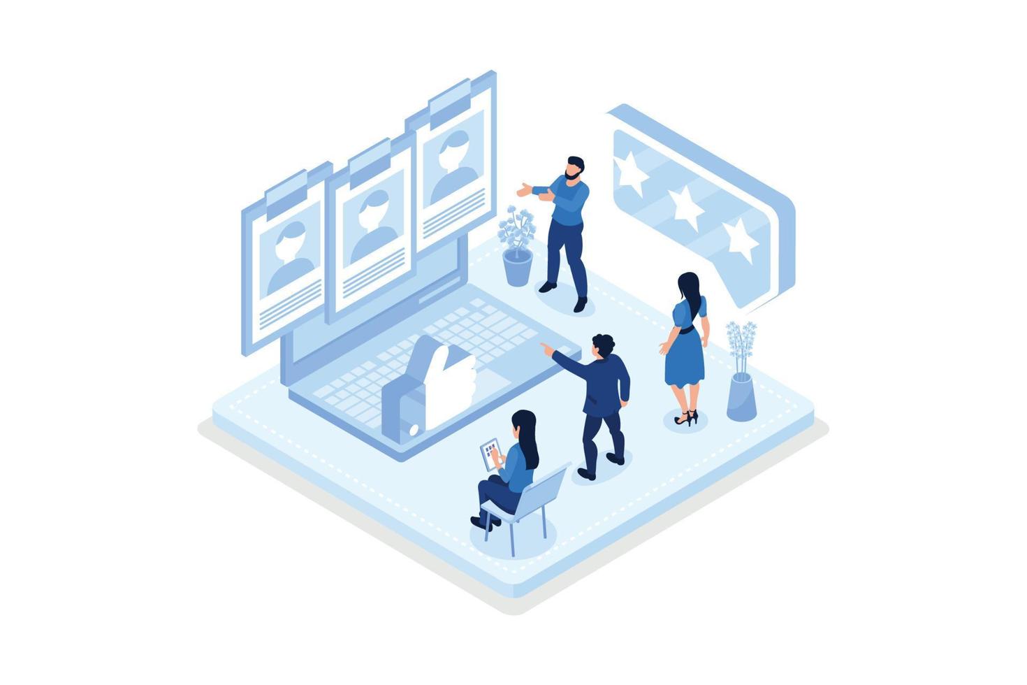 Characters choosing best candidate for job. Hr managers searching new employee. Recruitment process. Human resource management and hiring concept, isometric vector modern illustration
