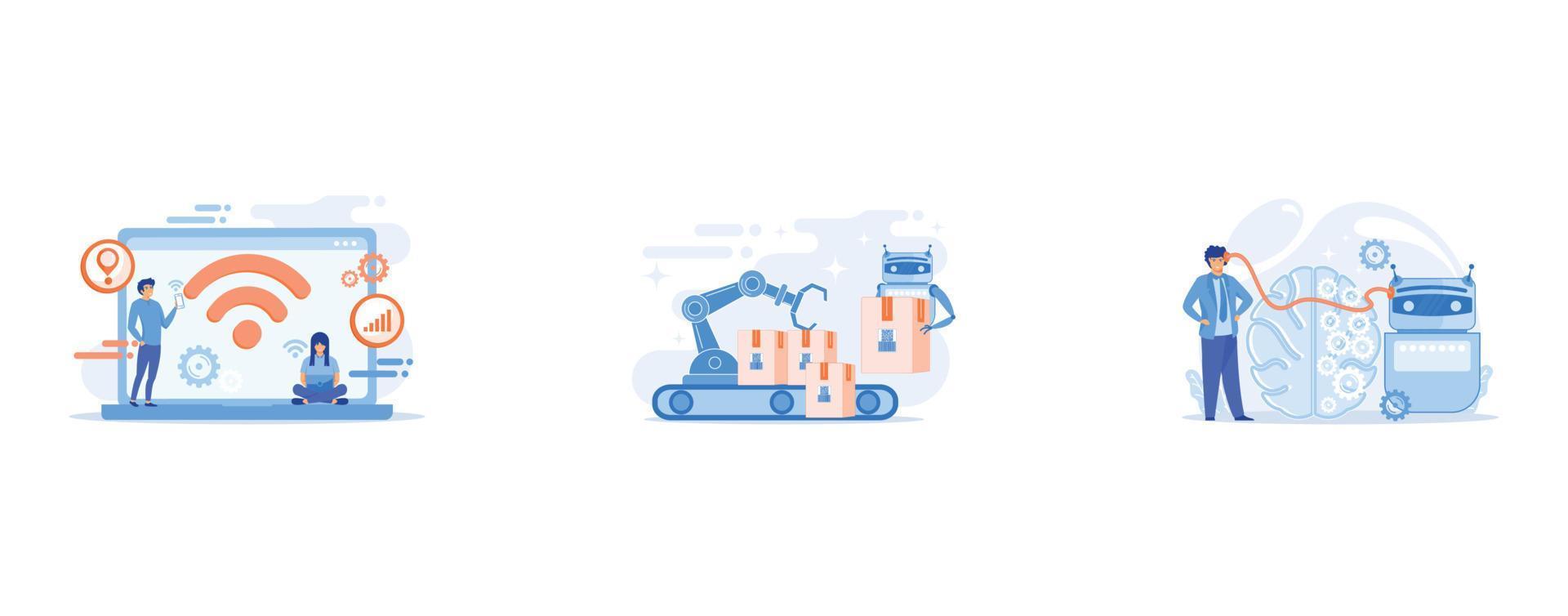Business people using laptop and smartphone with WiFi connection, Robot substituting human working with boxes on conveyor belt and robotic arm, Modern robot artificial intelligence vector