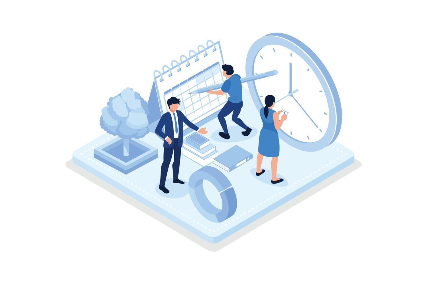 Schedule planning 3d isometric illustration. Character standing near laptop and filling up a calendar. Business plan and time management concept, isometric vector modern illustration