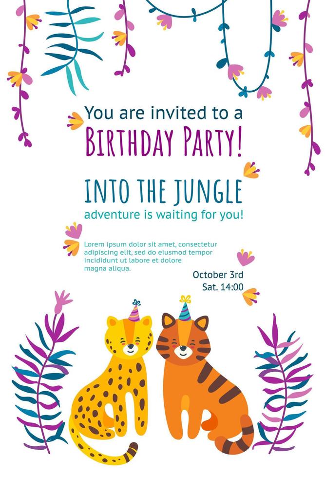 Birthday invitation card with leopard and tiger. Ready-made invitation design for birthday parties. Colorful falt vector illustration with text and jungle leaves frame.