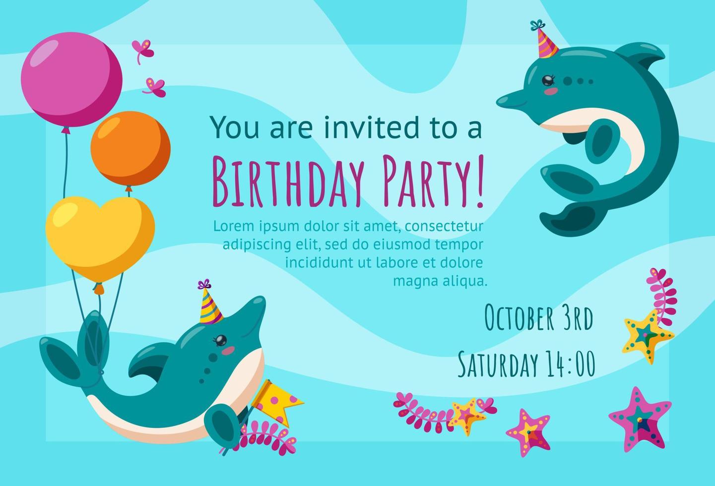 Birthday invitation card with dolphins and starfish. Ready-made invitation design with balloons and birthday hats. Flat vector illustration in background with waves.