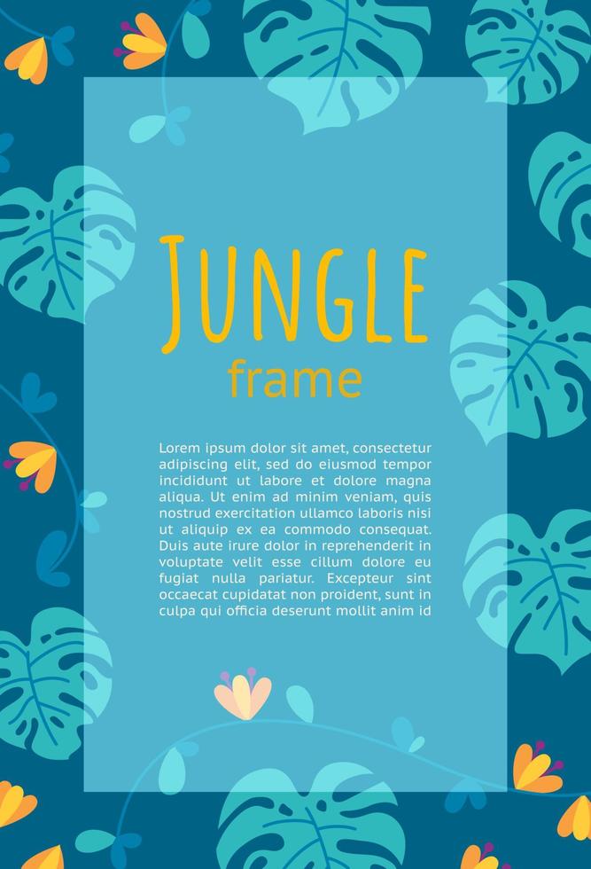 Jungle frame design for presentations and leaflets. Ready-made vertical design. Vector illustration with text.