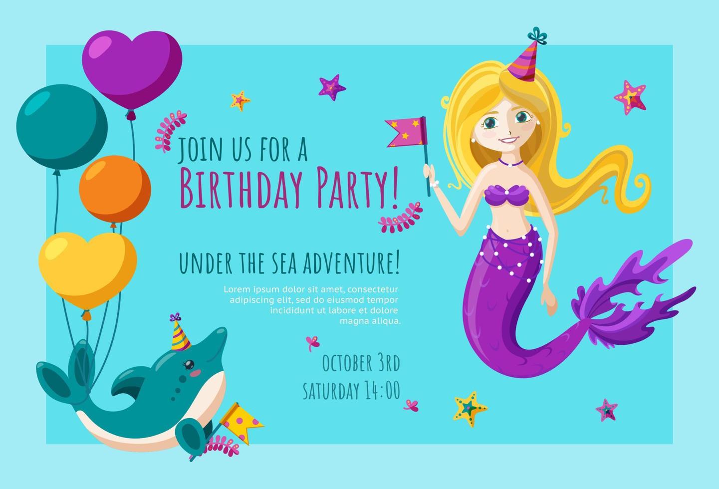 Birthday invitation card with dolphin and mermaid. Ready-made invitation design. Vector illustration in flat style.