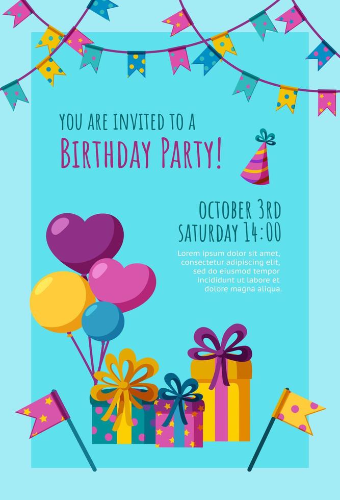 Birthday invitation card. Ready-made invitation design with presents, balloons and flags. Vector illustration.