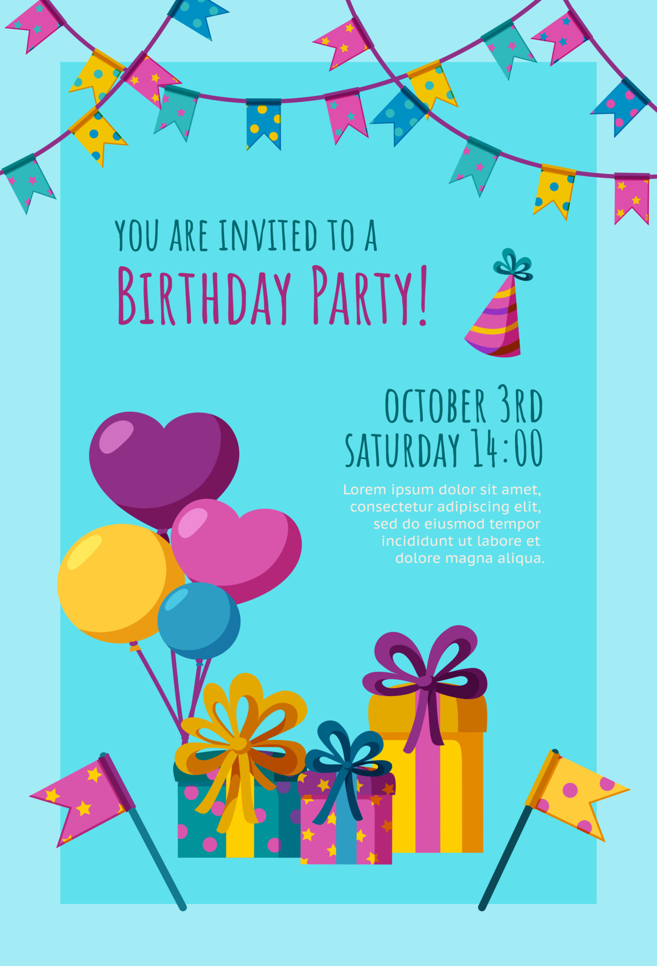 Birthday invitation card. Ready-made invitation design with presents,  balloons and flags. Vector illustration. 12912173 Vector Art at Vecteezy