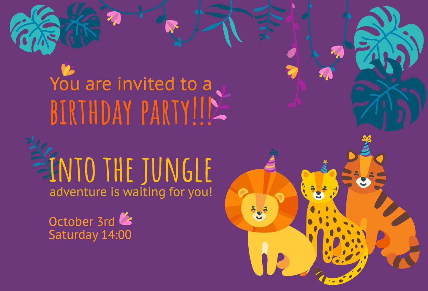 Birthday invitation card with tiger, leopard and lion. Ready-made invitation design for birthday parties. Falt vector illustration with jungle leaves and lianas.