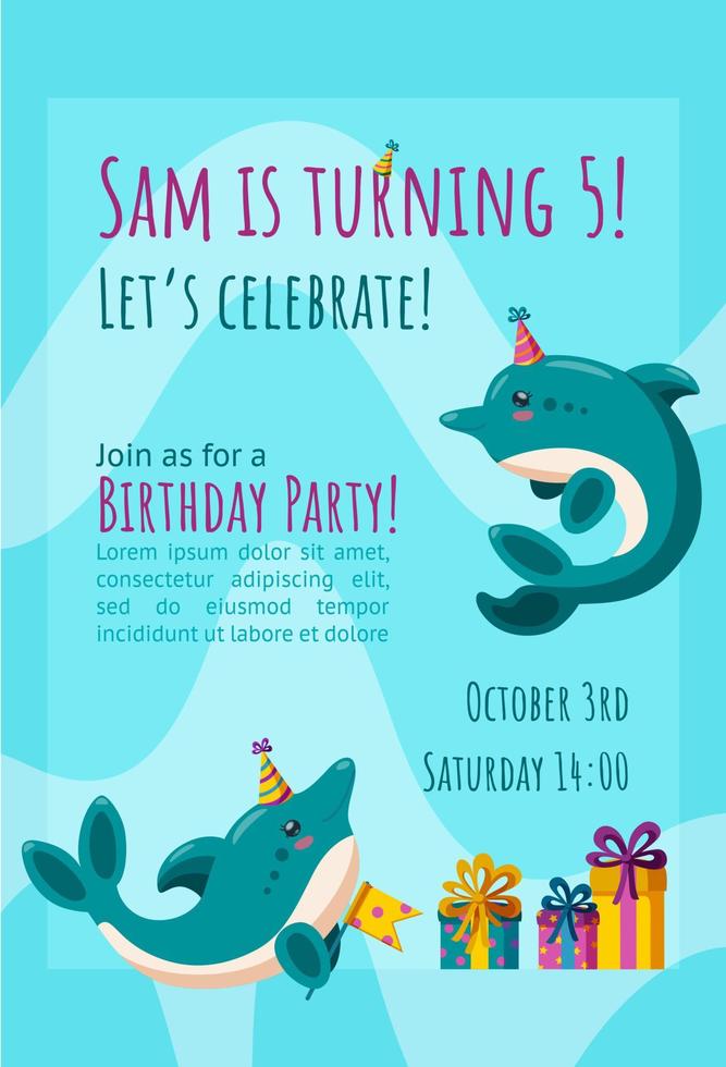 Birthday invitation card with dolphins. Ready-made invitation design with presents and birthday hats. Vector illustration in background with waves.