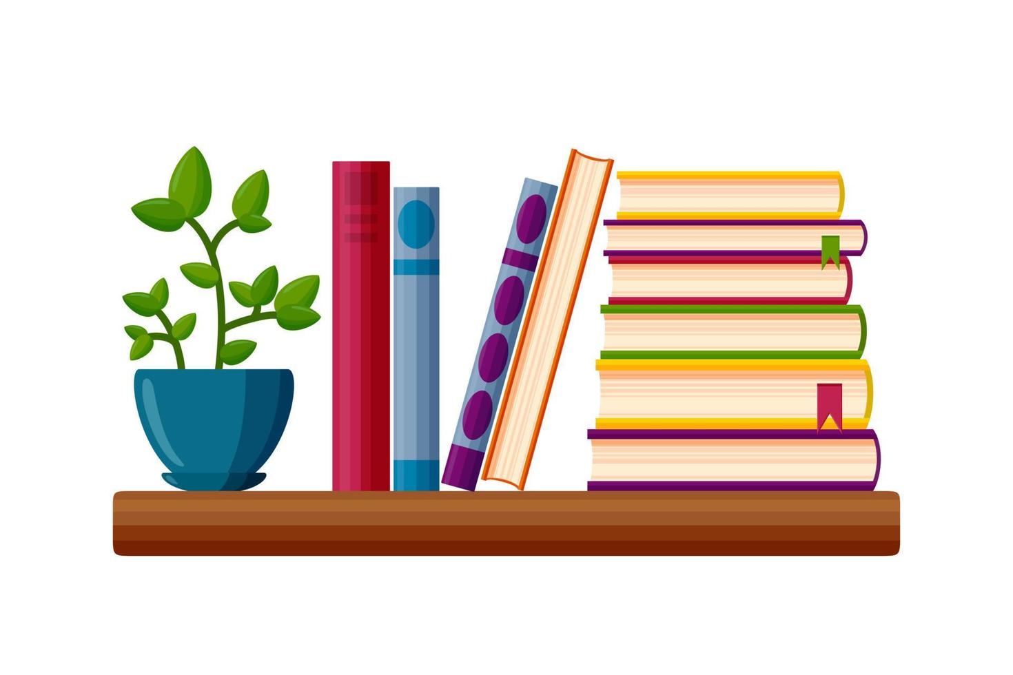 Bookshelf with potted plant. Books in cartoon style. Vector illustration