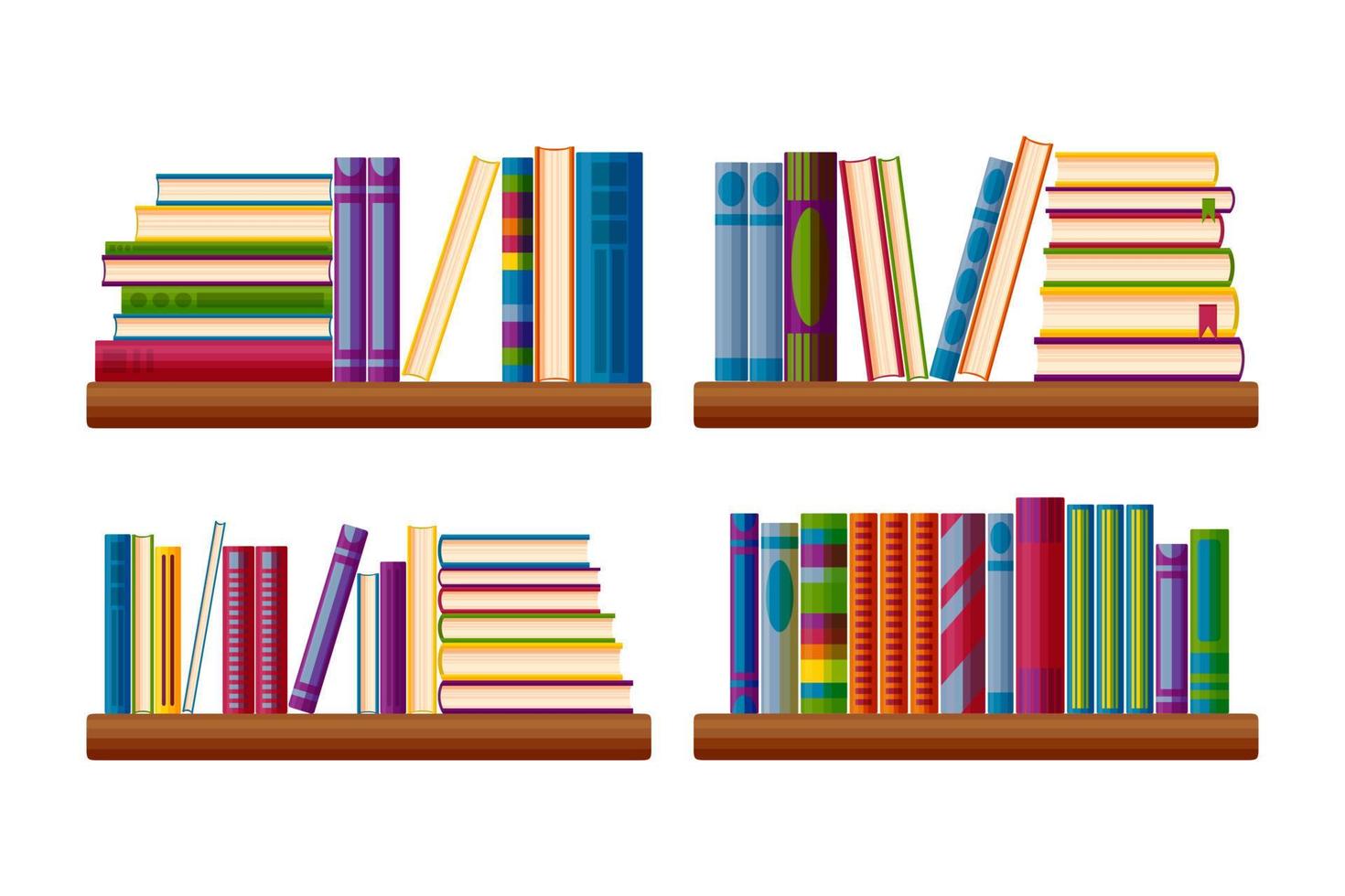 Bookcase shelves set. Bestseller books stack in cartoon style. Vector illustration