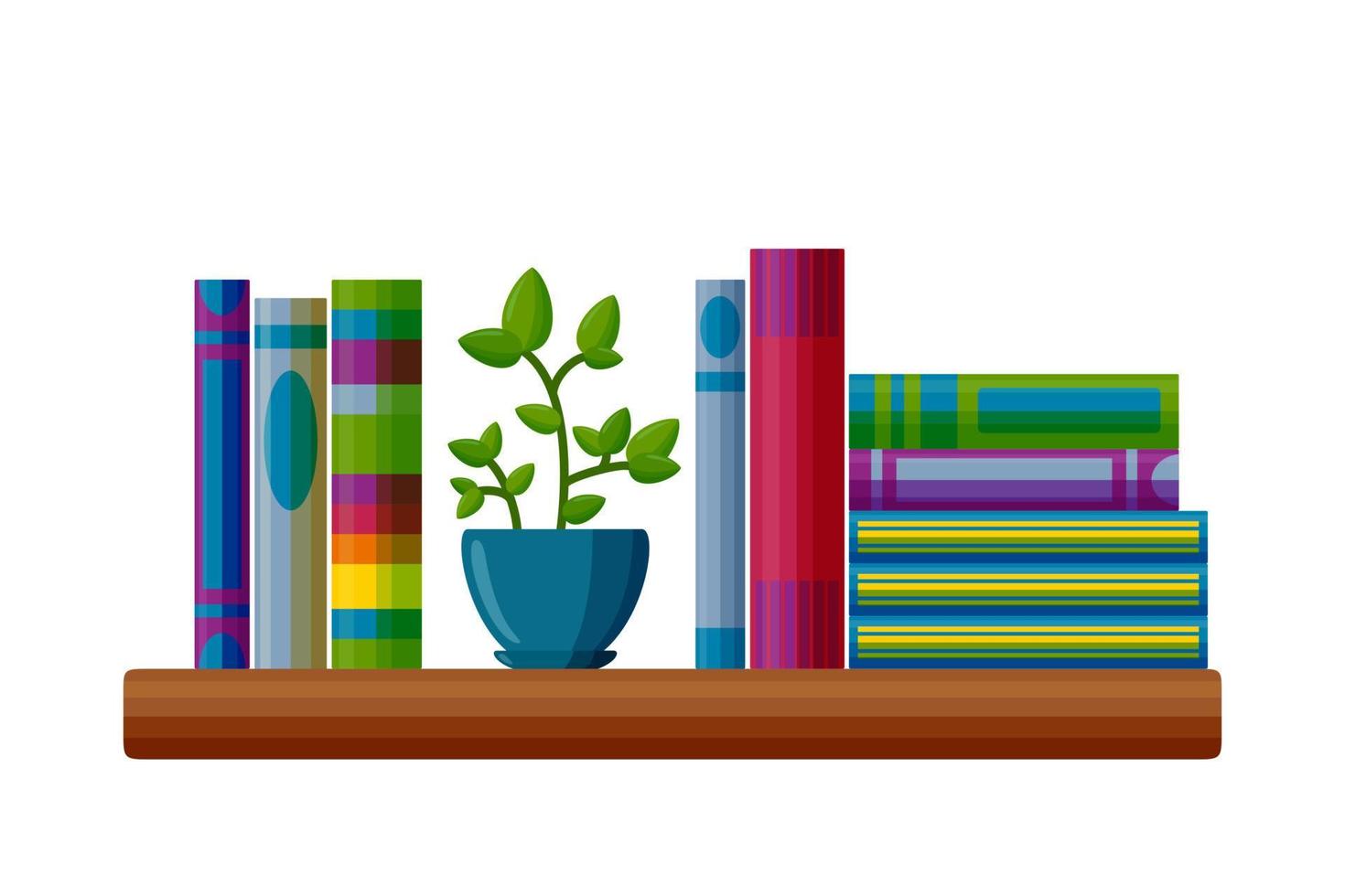 Shelf with books and potted plant. Books in cartoon style. Vector illustration