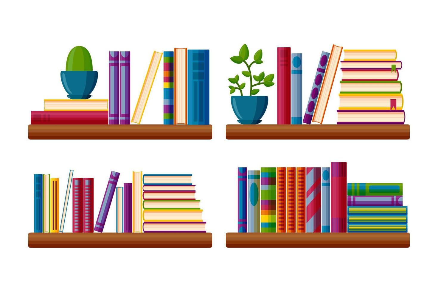 Bookcase shelves with potted plants. Bestseller books stack in cartoon style. Vector illustration