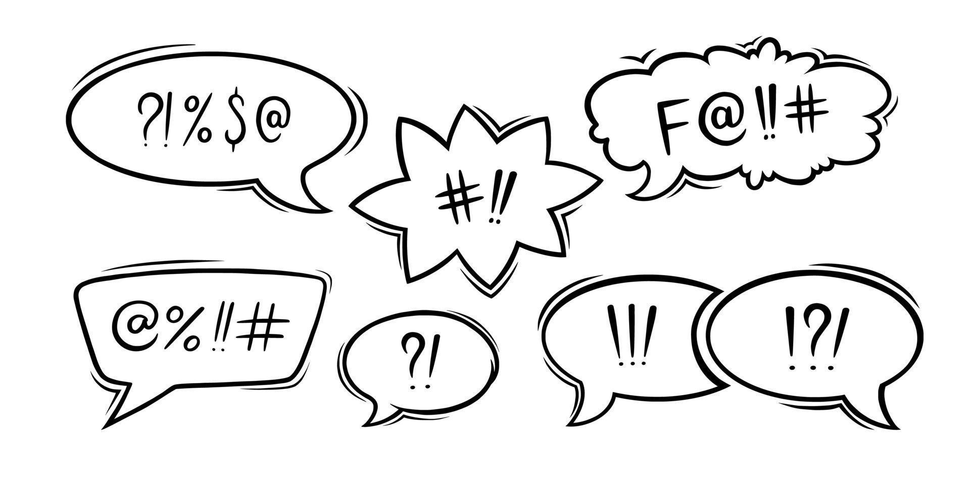 Swearing speech bubbles censored with symbols. Hand drawn swear words in text bubbles to express exclamation and harsh mood. Vector illustration