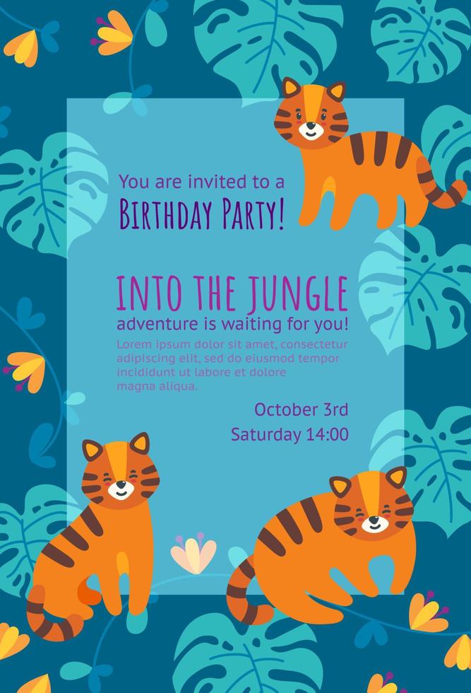 tarjeta de invitación de cumpleaños con tigres. diseño de invitación vertical para fiestas de cumpleaños. Ilustración de vector de falt colorido con marco de hojas de selva.