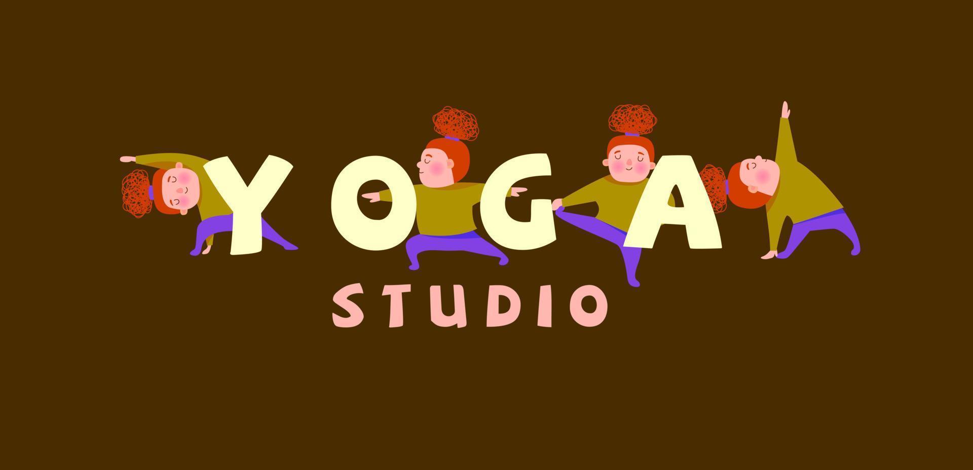 redhead girl doing different yoga asanas. logo, poster for yoga studio. vector