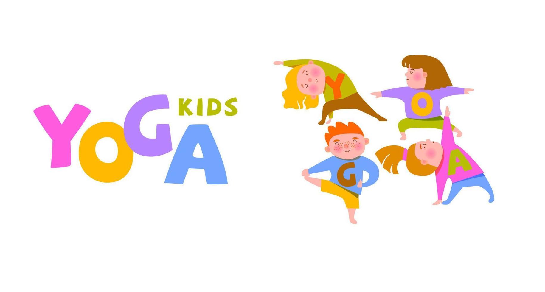 Cute kids doing different yoga asanas. Yoga for children. Poster, postcard. vector