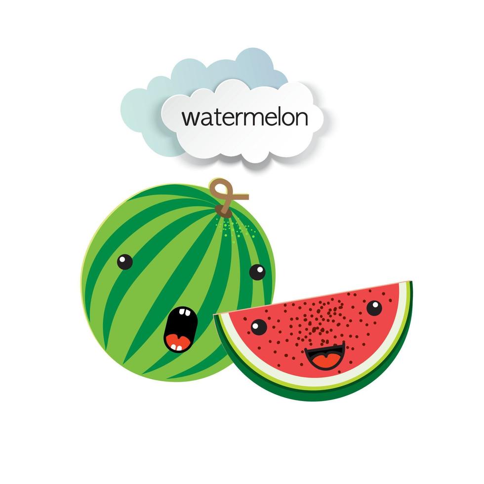 cute watermelon and watermelon slice and paper cut clouds. vector