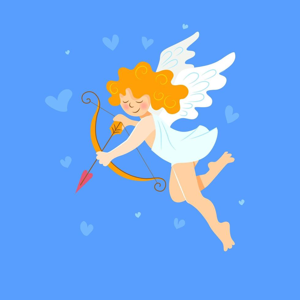 Cupid in a white toga flies in the sky and aims an arrow with a heart from a bow. vector