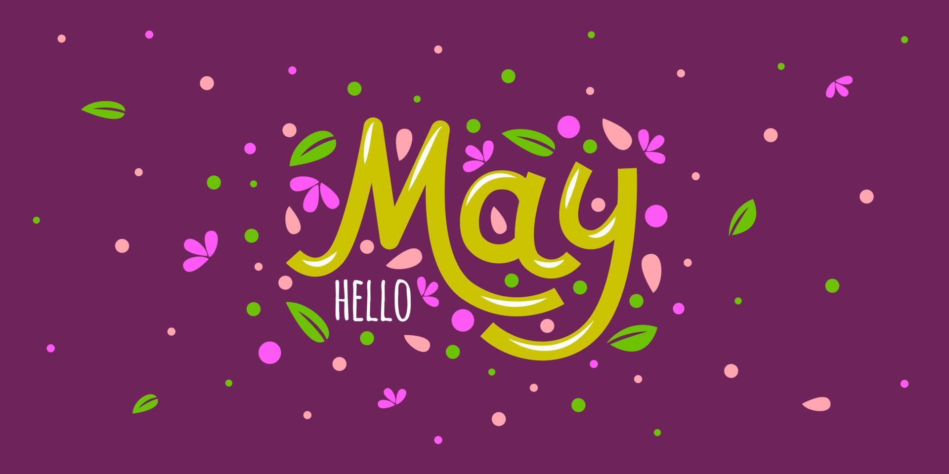 hola tarjeta de mayo con pétalos de flores y hojas. citas inspiradoras de invierno dibujadas a mano con garabatos. vector