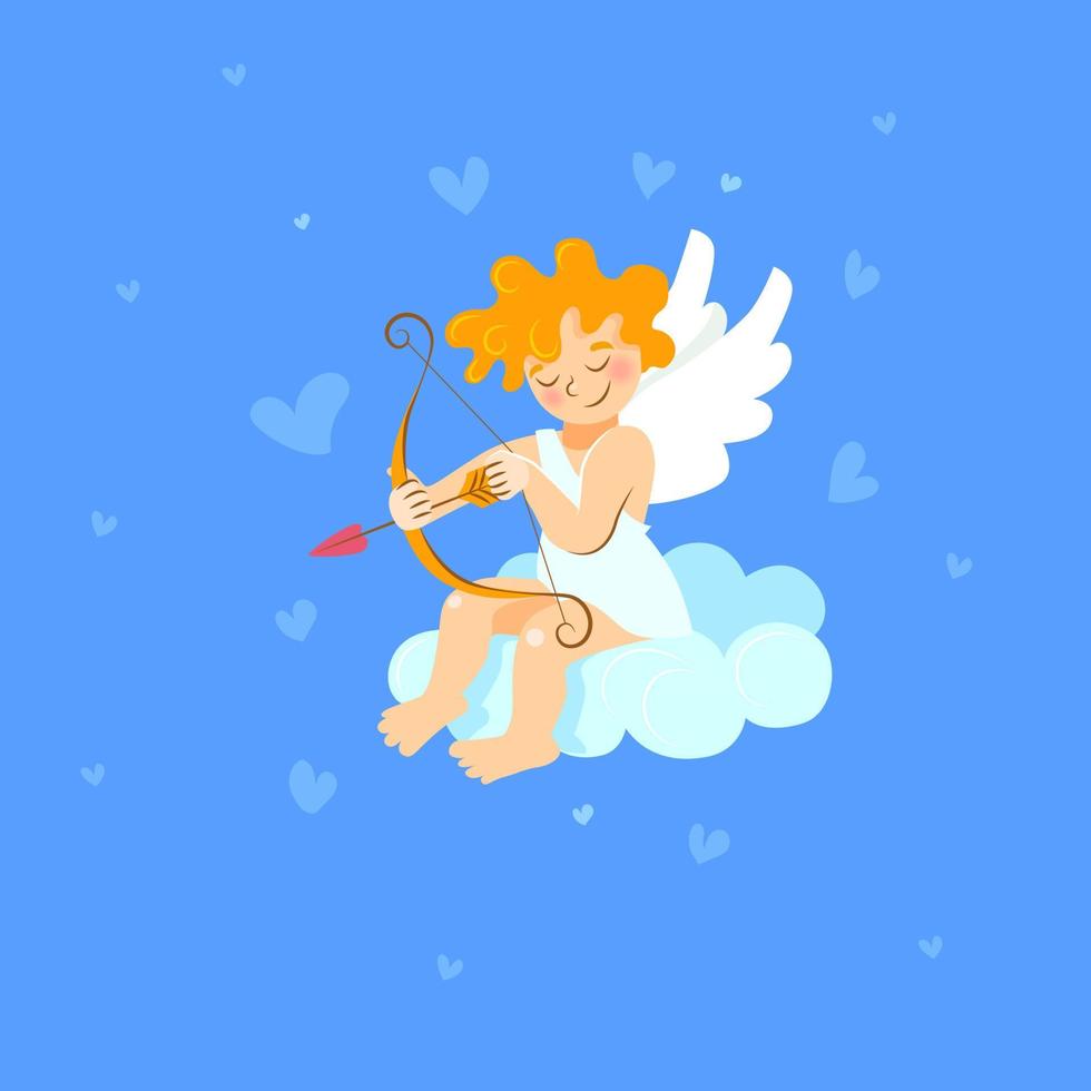 Cupid in a white toga sits on a cloud and aims an arrow with a heart from a bow. vector