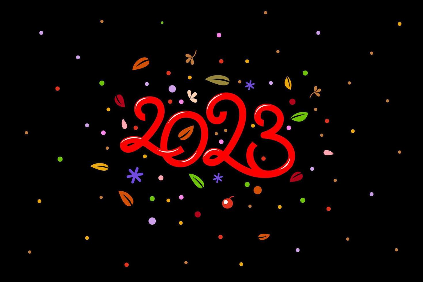 2023 New Year banner with numbers from simple handwritten numbers and shapes inside confetti on black background. vector