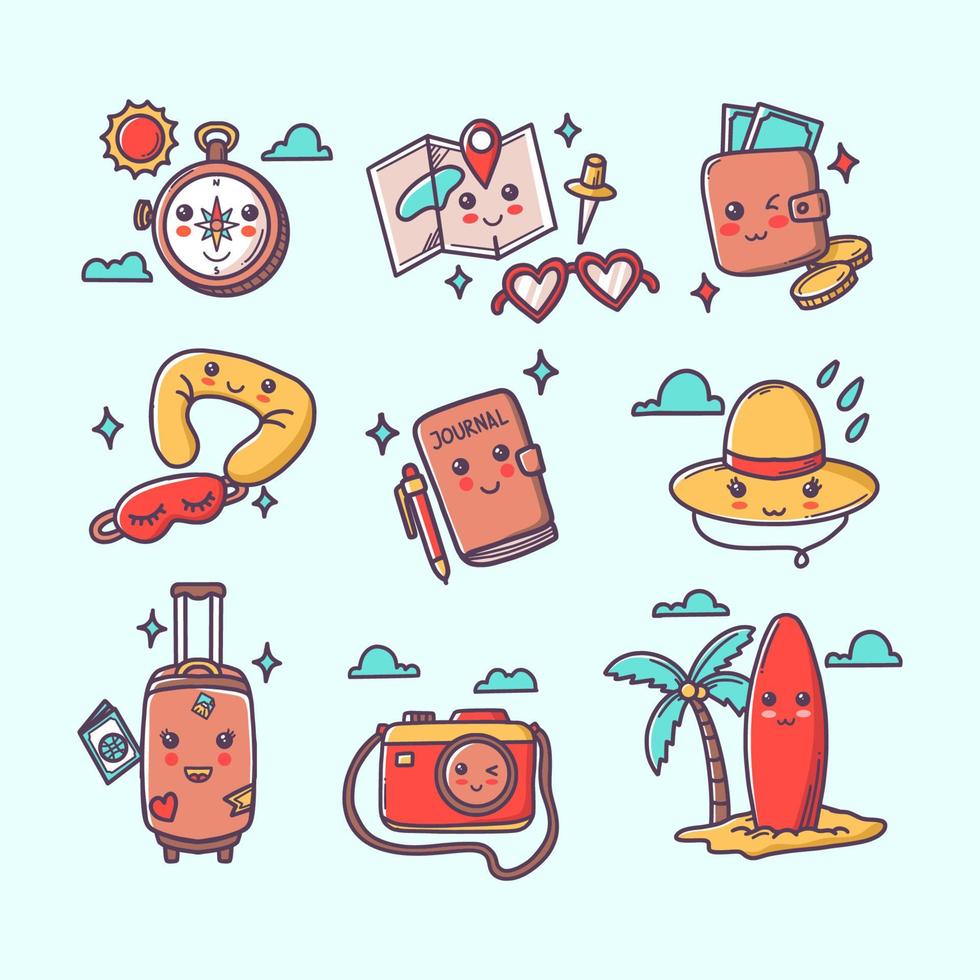 Kawaii Traveling Handdrawn Aesthetics Set vector