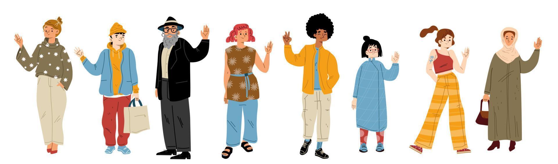 diversas personas agitando la mano vector