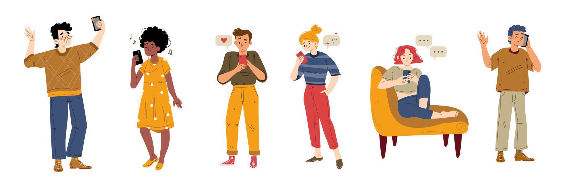 People with smartphones, gadget communication vector