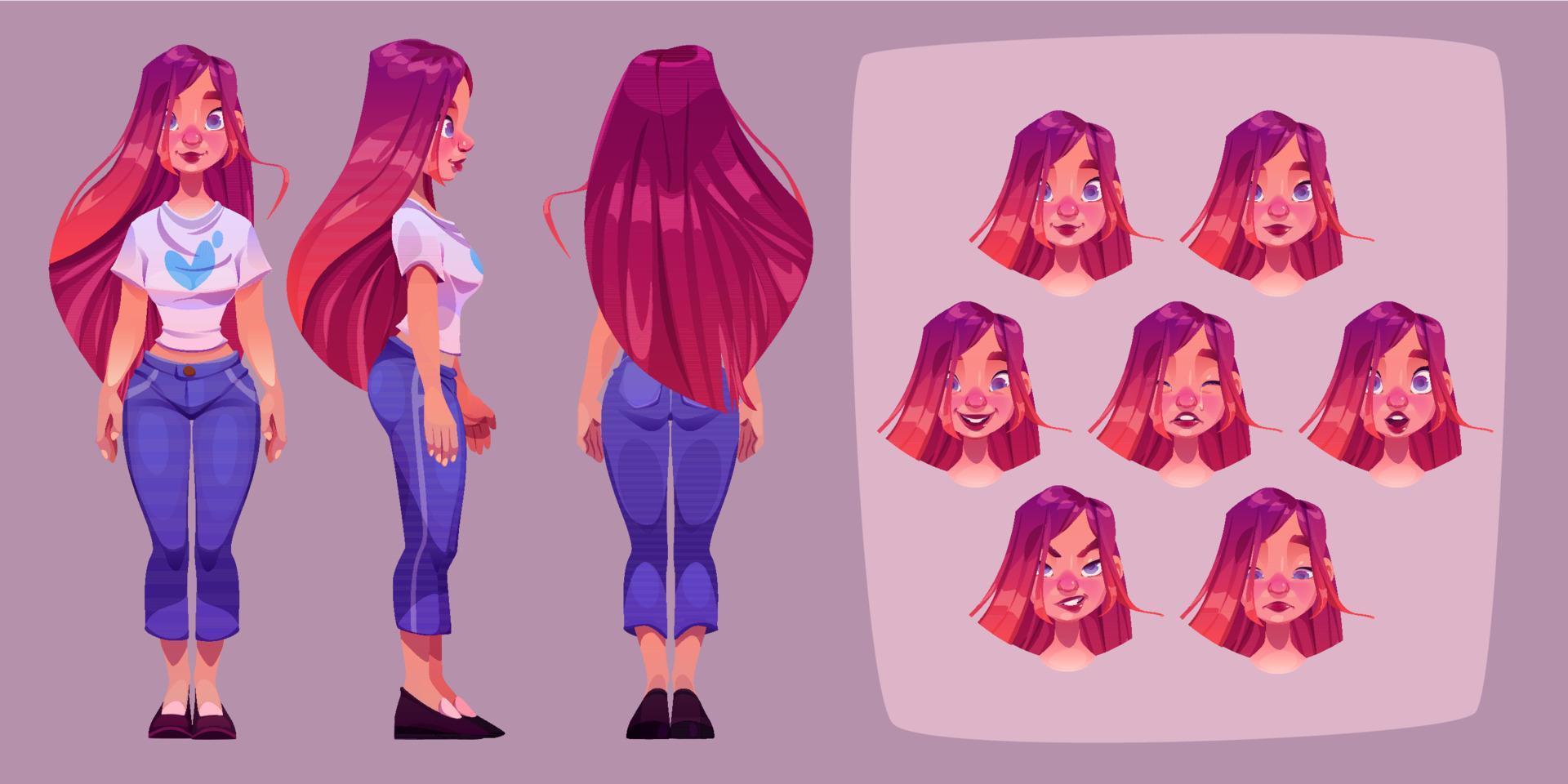 linda chica con diferentes emociones vector