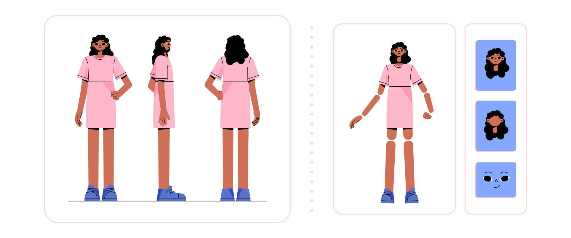 Woman character for animation, side, rear, front vector