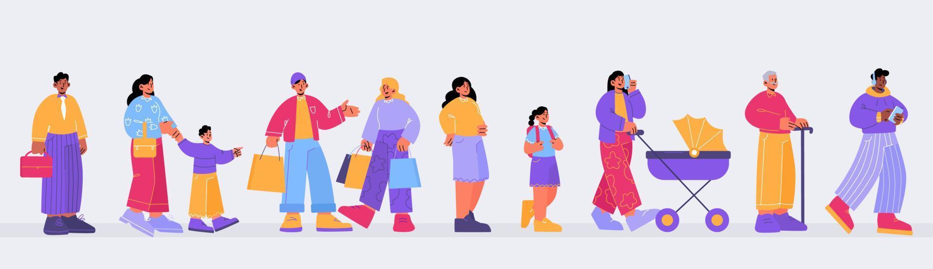 People stand in queue, diverse characters waiting vector