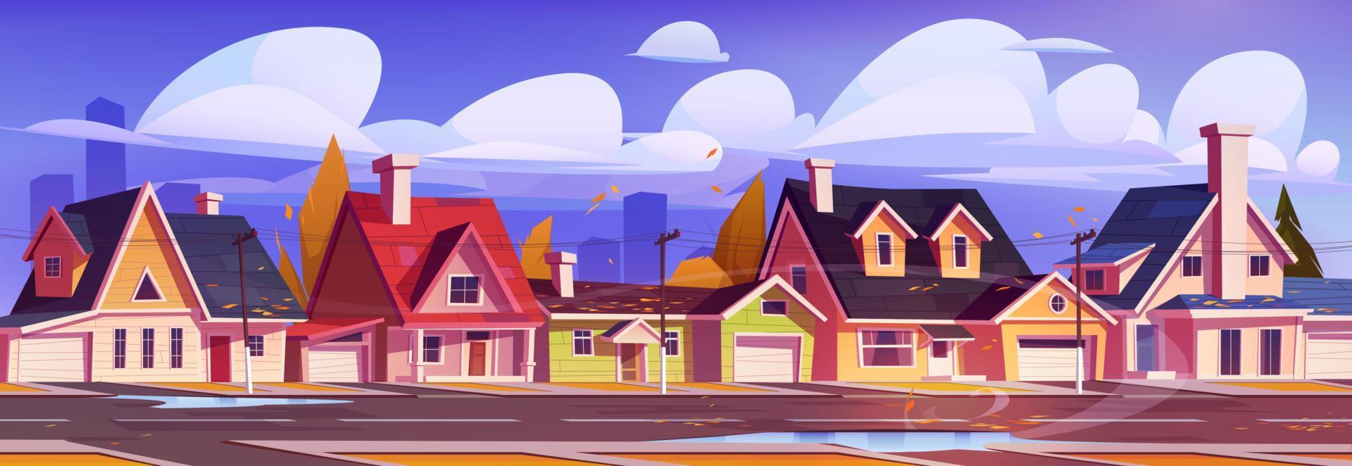 Suburban street with cottage houses at autumn day vector