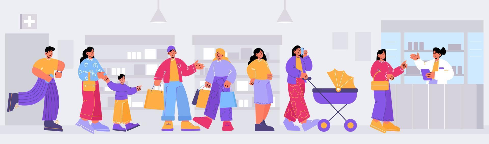 People standing in queue in pharmacy vector