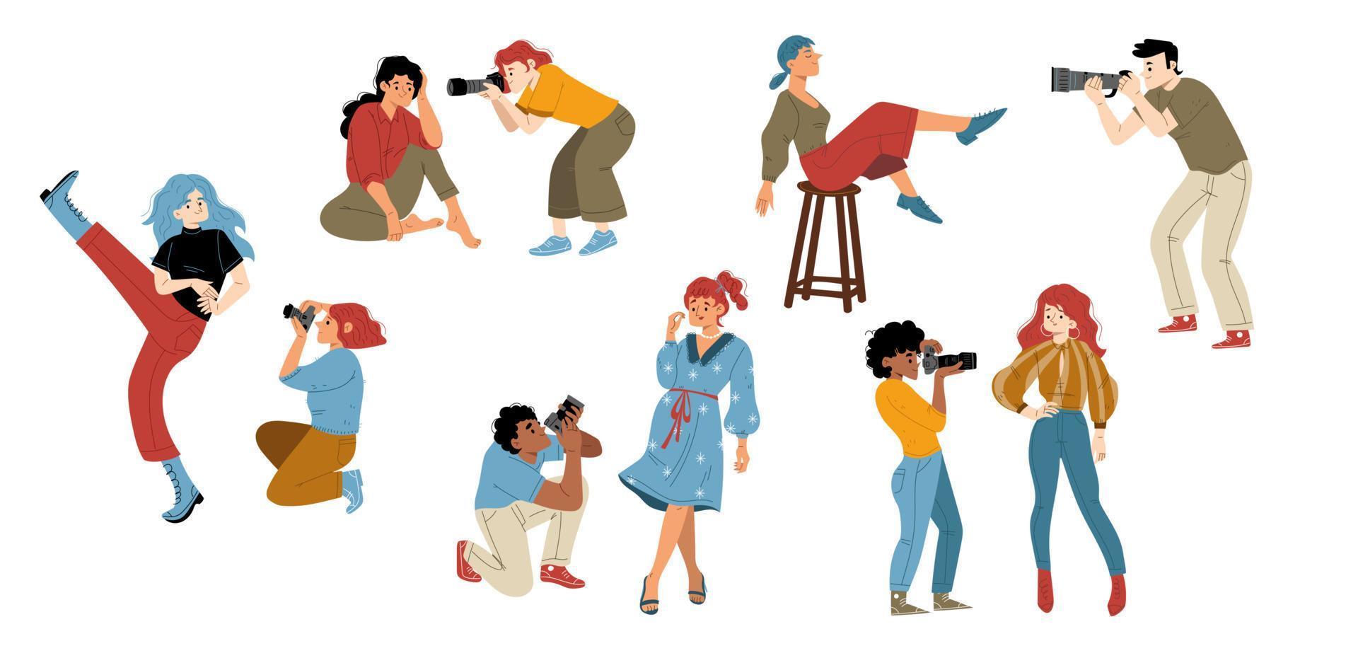 Women posing in front photographer flat characters vector