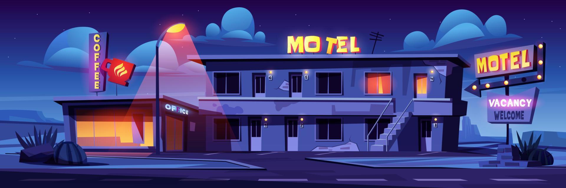 motel en la carretera de noche, fachada de edificio vector