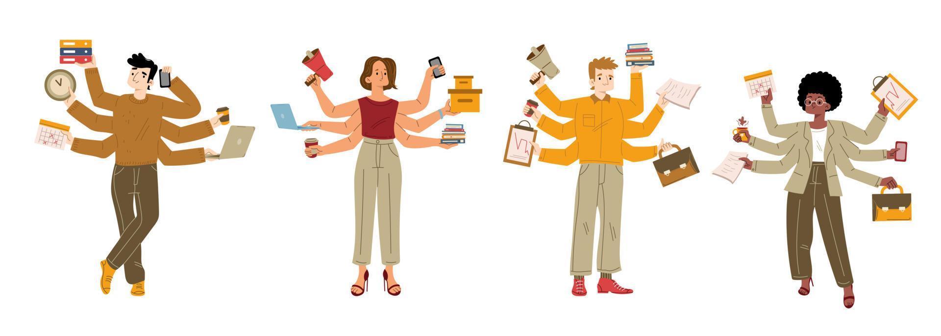 Busy characters multitask, stress, office workload vector