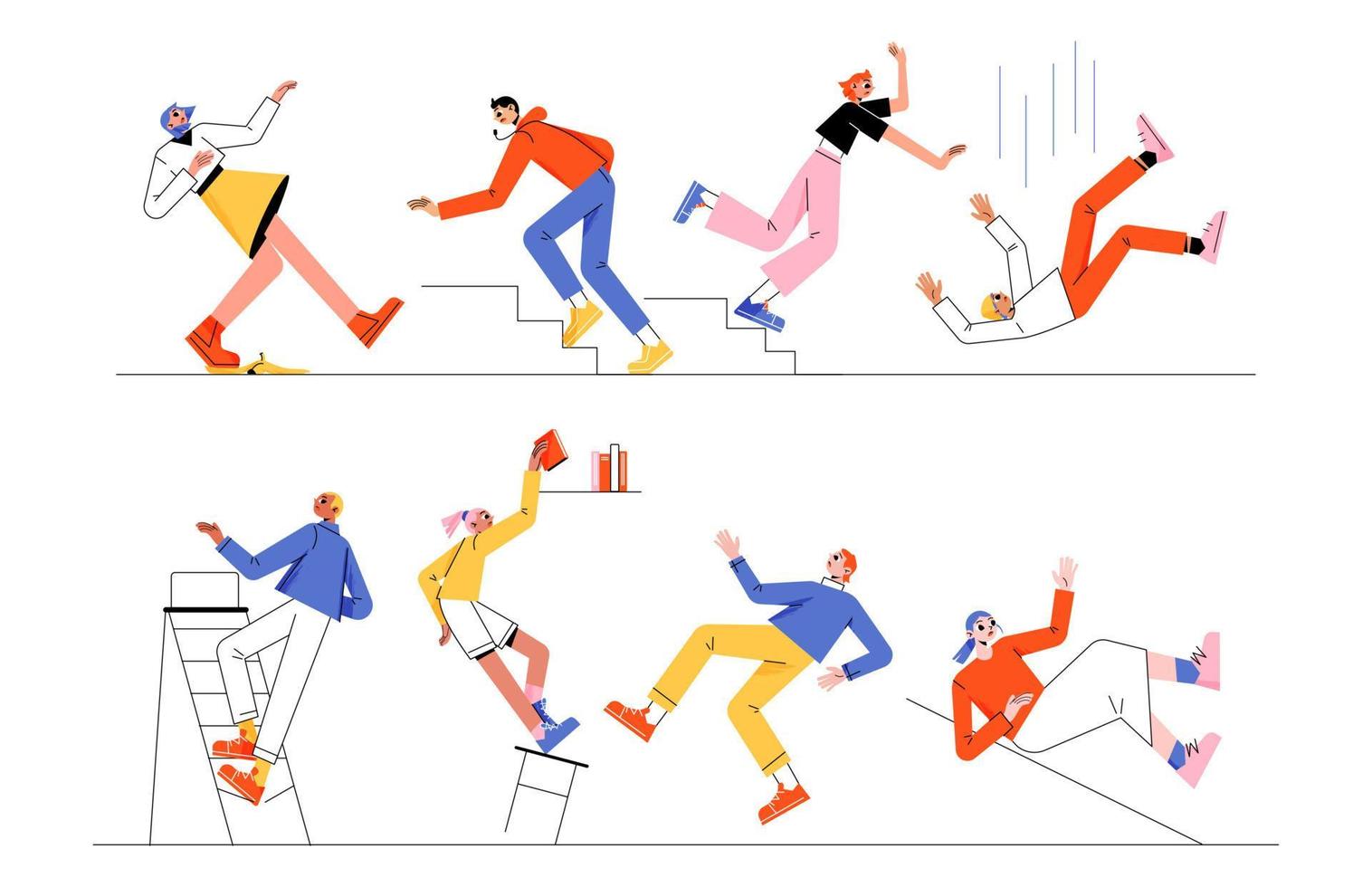 Vector flat people falling down stairs, ladder set