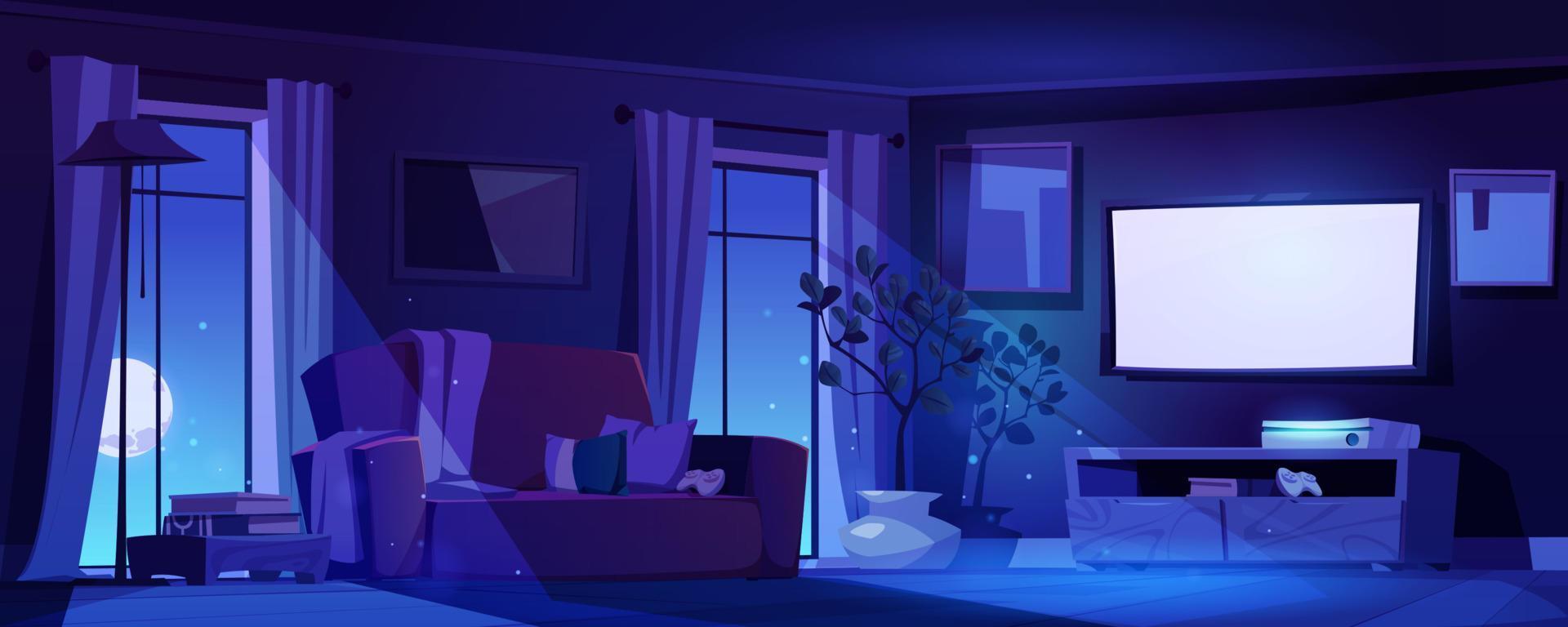 Night living room interior in moonlight, home vector