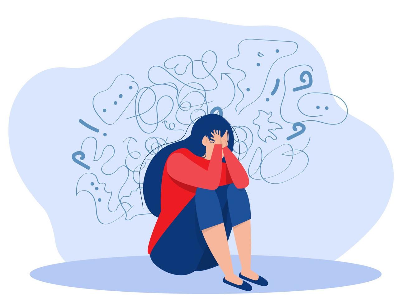 woman suffers from obsessive thoughts headache unresolved issues psychological trauma depression.Mental stress panic mind disorder illustration Flat vector illustration.