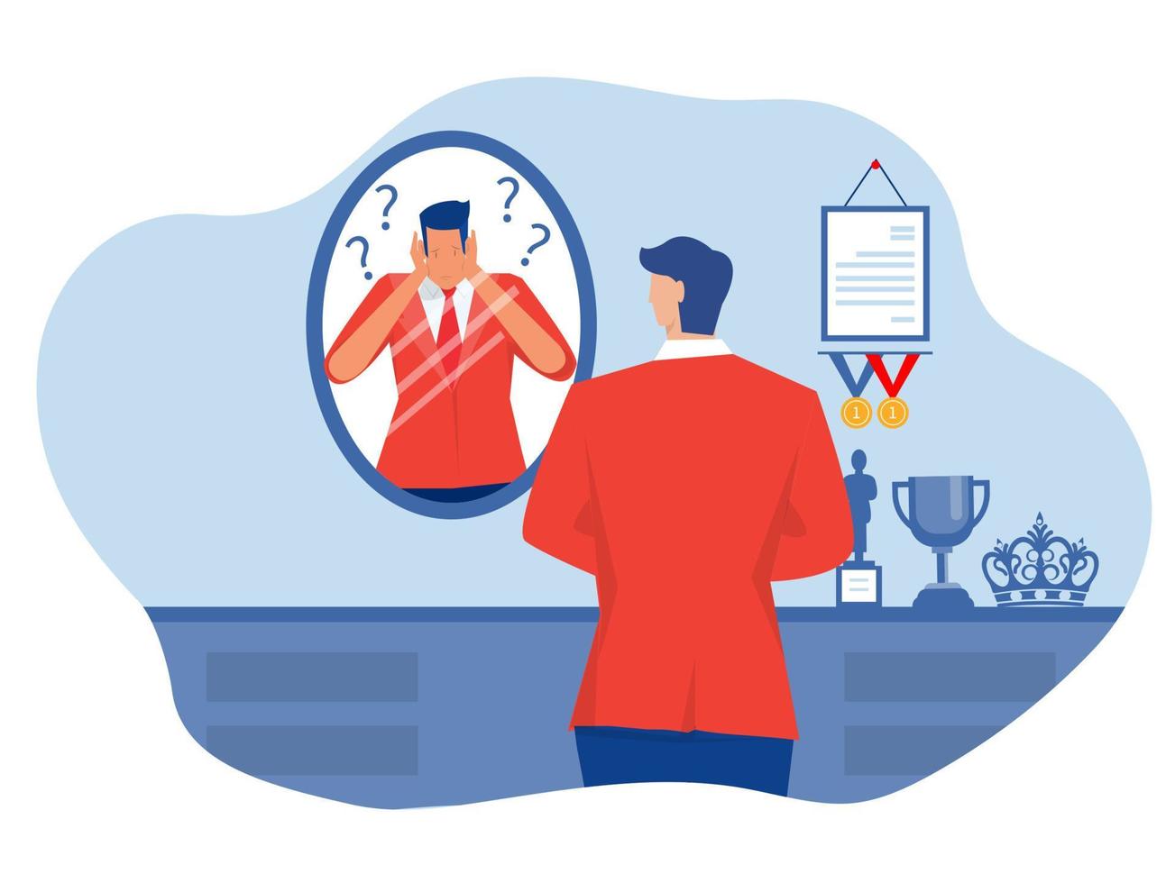 imposter syndrome, businessman looking shadow himself through mirror for Anxiety and lack of self confidence at work vector
