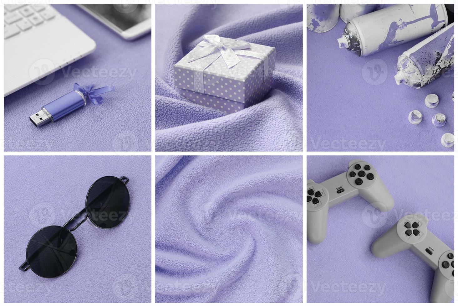 A set of pictures with fashionable youth objects on a soft fleece surface. Pastel violet color photo